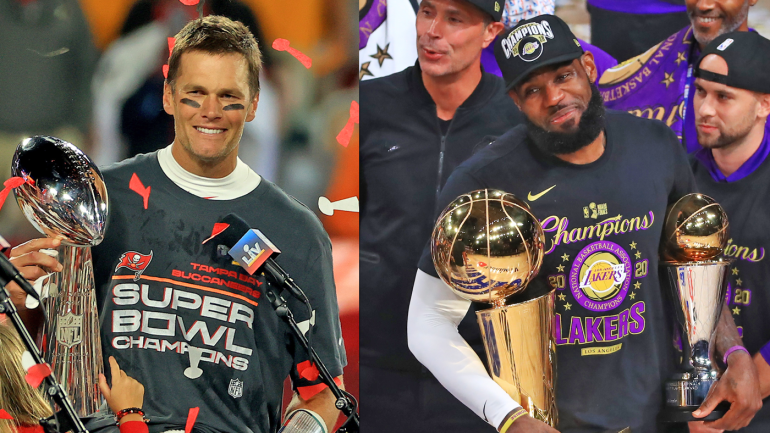 Arguably two of the greatest sportsmen of all time, Tom Brady and LeBron James have collectively won 11 titles between them. Photo by Getty Images.